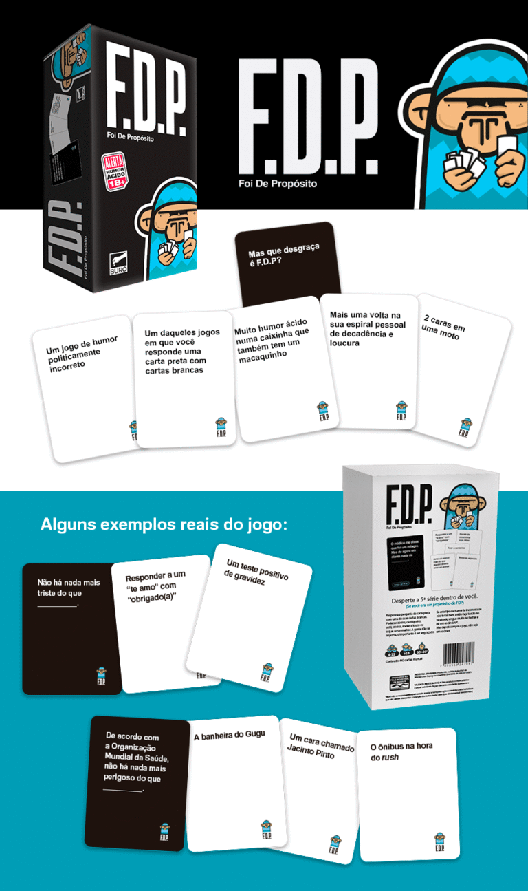 Foto de exemplo do jogo base FDP com cartas pretas e brancas em uso