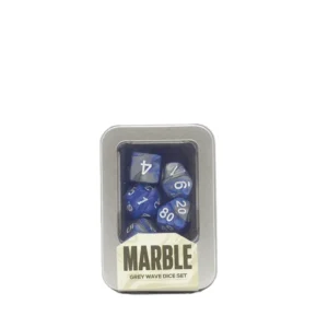 Kit de Dados Buro Marble Grey Wave em lata metálica com dados de RPG azul e cinza.