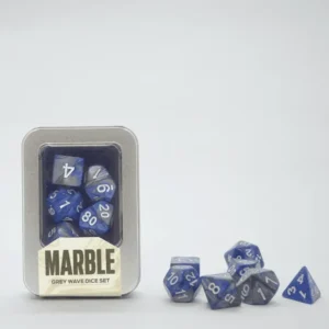 Kit de Dados Buro Marble Grey Wave com dados de RPG azuis e cinza em lata metálica.