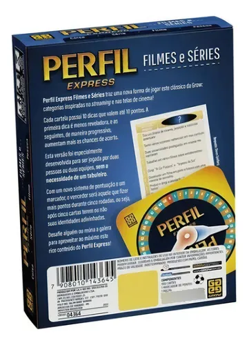 Verso da caixa do Perfil Express Filmes e Séries mostrando conteúdo e informações do jogo
