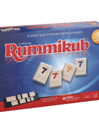Caixa do jogo Rummikub da Grow mostrando o logotipo e as peças coloridas com números.