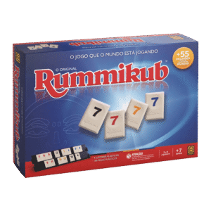 Caixa do jogo Rummikub da Grow mostrando o logotipo e as peças coloridas com números.