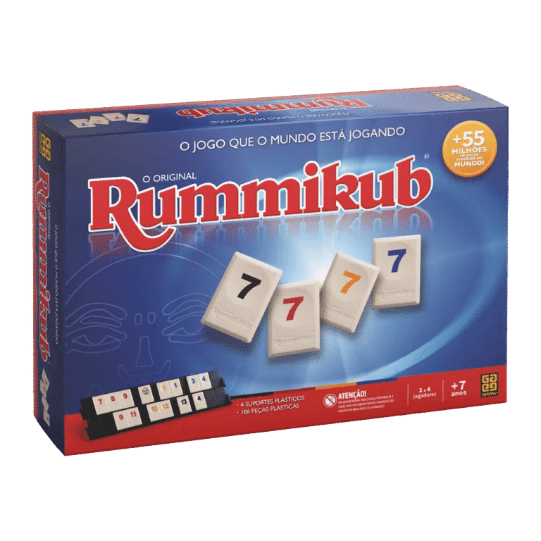 Caixa do jogo Rummikub da Grow mostrando o logotipo e as peças coloridas com números.