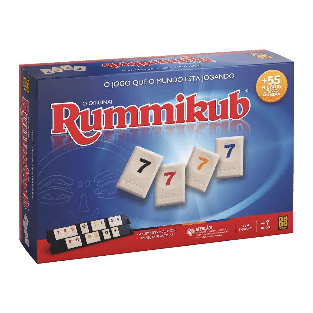 Caixa do jogo Rummikub da Grow mostrando o logotipo e as peças coloridas com números.