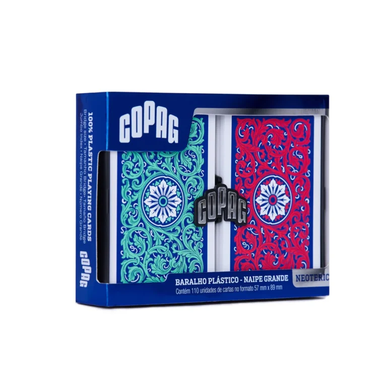 Caixa do Baralho 1546 Neoteric Azul Naipe Grande Copag inclinada mostrando frente e lateral