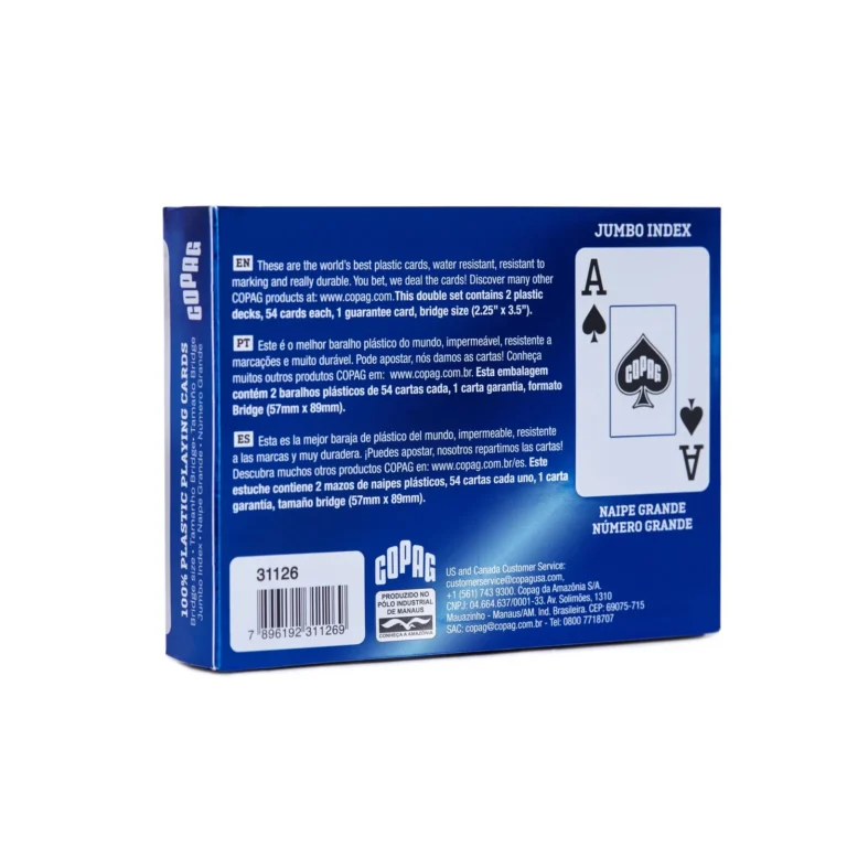Verso da caixa do Baralho 1546 Neoteric Azul Naipe Grande Copag inclinada mostrando informações e lateral