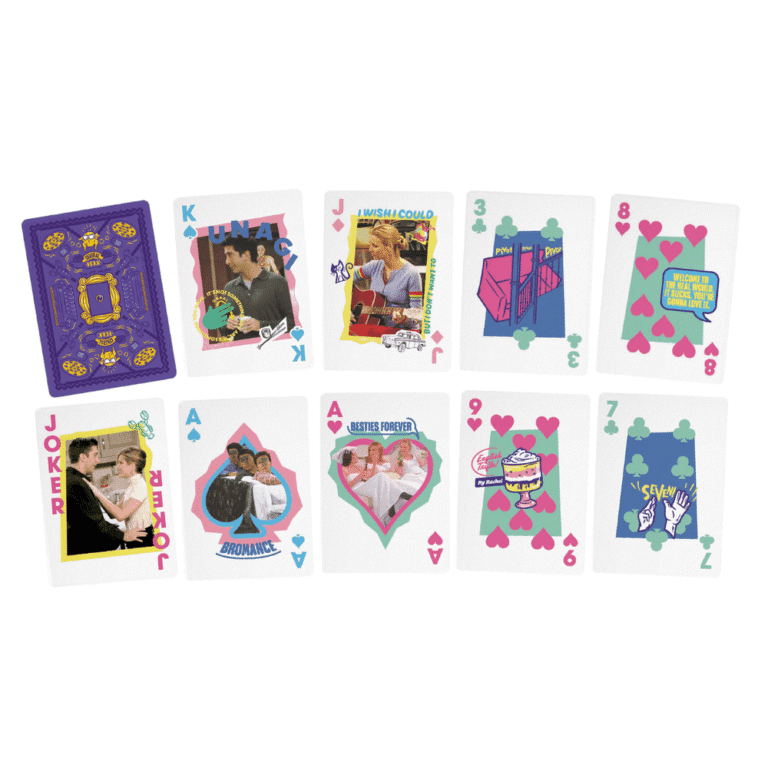 Cartas do Baralho Friends Copag distribuídas em duas linhas mostrando frente e verso com imagens ilustradas da série