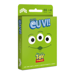 Frente da caixa do jogo Eu Vi! Aliens Toy Story Copag mostrando os personagens Aliens da Disney Pixar