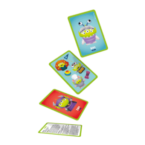 Cartas do jogo Eu Vi! Aliens Toy Story Copag caindo, mostrando ilustrações coloridas dos personagens da Disney Pixar