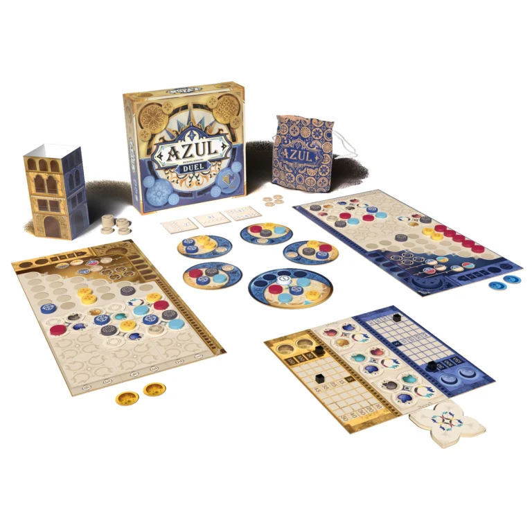 Mesa de jogo Azul Duel montada com tabuleiros, gabarito, torre, sacola do jogo e caixa