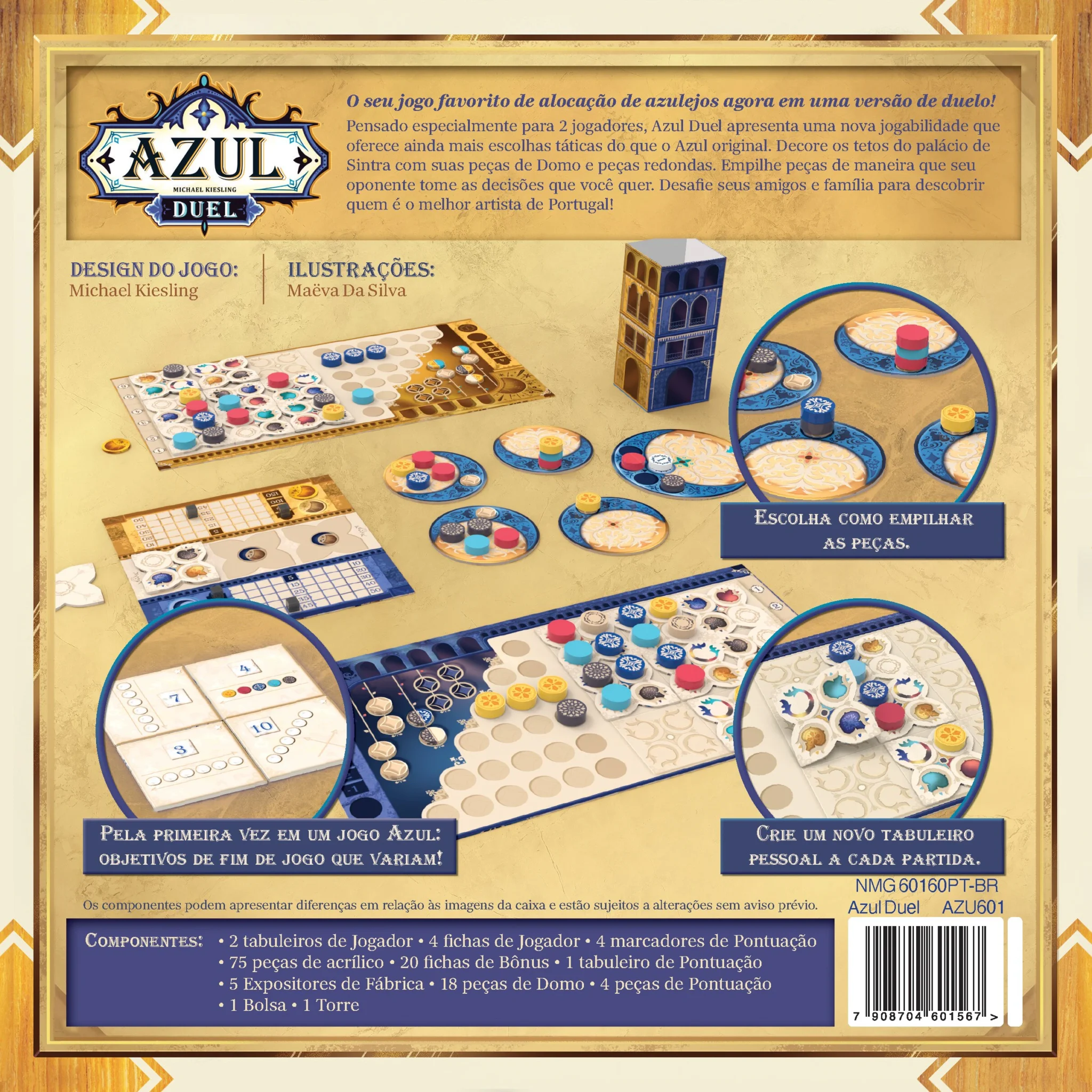 Verso da caixa do jogo Azul Duel - regras e componentes detalhados