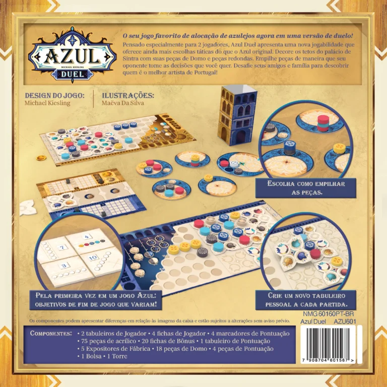 Verso da caixa do jogo Azul Duel - regras e componentes detalhados