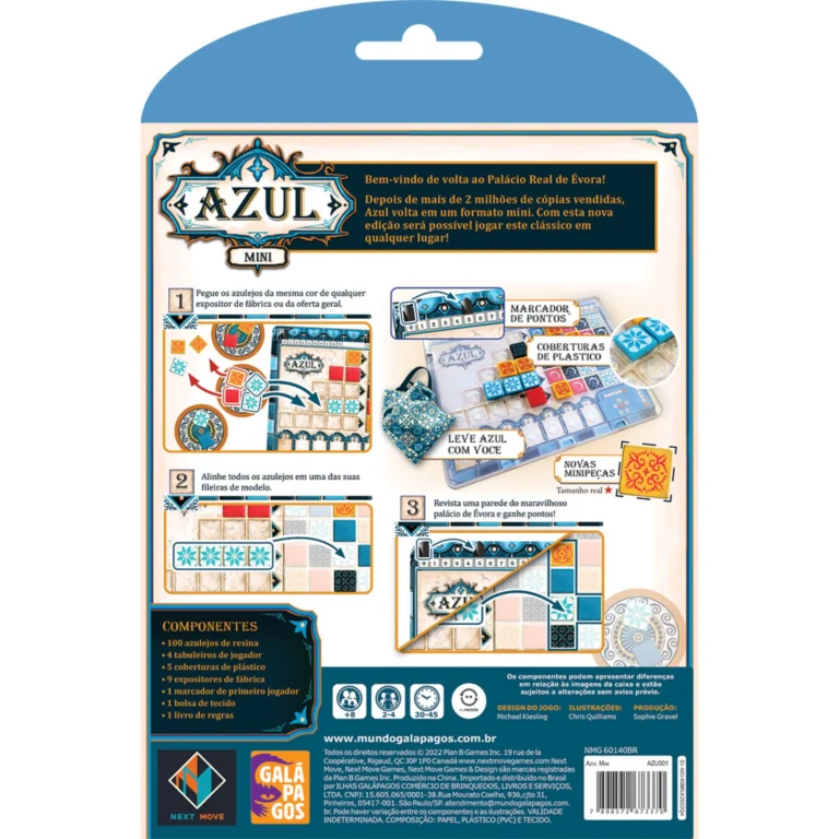 Verso da embalagem do jogo Azul Mini – informações e regras resumidas