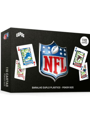 Baralho NFL Duplo Copag em estojo inclinado, mostrando frente e lateral da embalagem com design oficial da NFL.