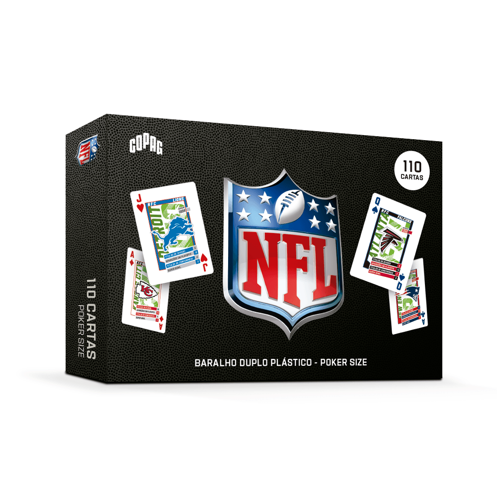 Baralho NFL Duplo Copag em estojo inclinado, mostrando frente e lateral da embalagem com design oficial da NFL.