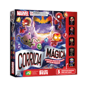 Jogo Marvel Corrida Mágica Copag - caixa inclinada mostrando frente e lateral com design oficial dos personagens da Marvel