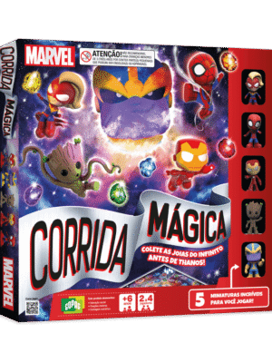 Jogo Marvel Corrida Mágica Copag - caixa inclinada mostrando frente e lateral com design oficial dos personagens da Marvel