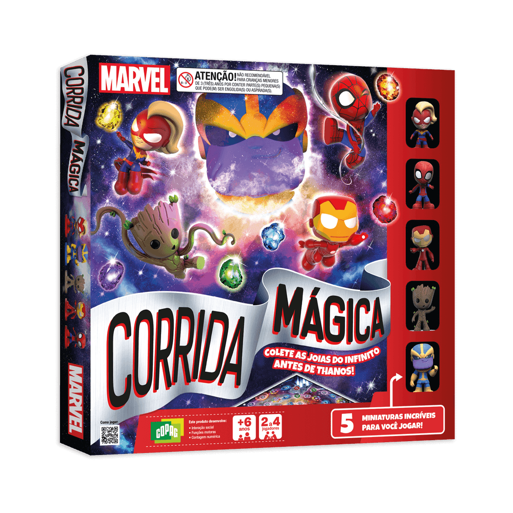 Jogo Marvel Corrida Mágica Copag - caixa inclinada mostrando frente e lateral com design oficial dos personagens da Marvel