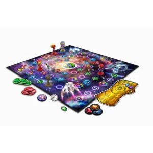 Tabuleiro do Jogo Marvel Corrida Mágica Copag em andamento, mostrando miniaturas de personagens, Joias do Infinito, dados e fichas