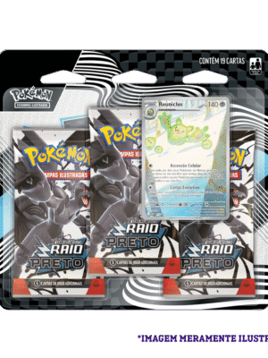 Blister Triplo Pokémon EV10.5 Raio Preto com carta promocional Reuniclus e três boosters lacrados.