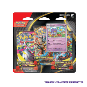 Blister Triplo Pokémon Mega Evolução 01 Drifblim mostrando 3 boosters originais e carta promocional Drifblim, produto lacrado Copag.