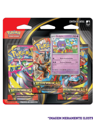 Blister Triplo Pokémon Mega Evolução 01 Drifblim mostrando 3 boosters originais e carta promocional Drifblim, produto lacrado Copag.