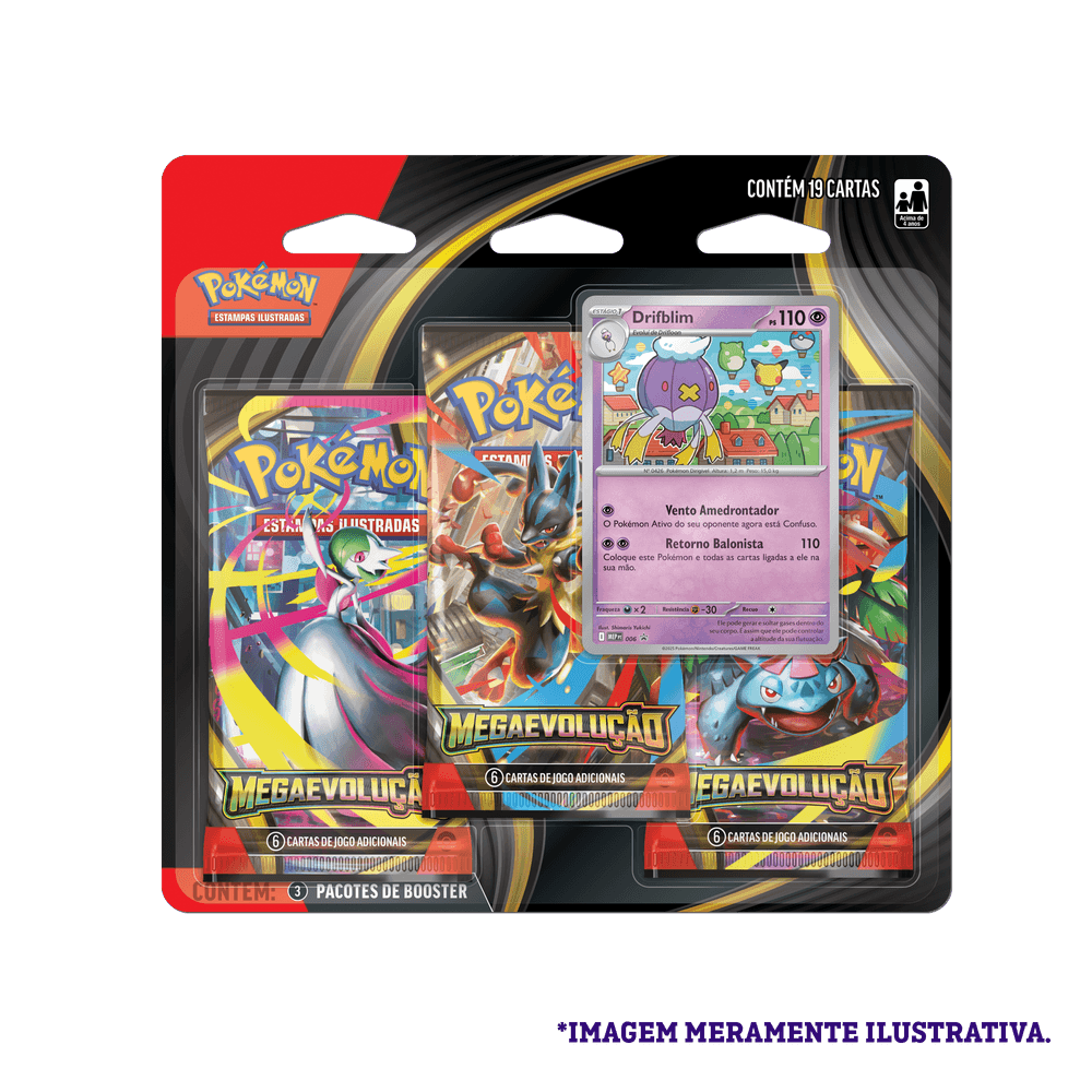 Blister Triplo Pokémon Mega Evolução 01 Drifblim mostrando 3 boosters originais e carta promocional Drifblim, produto lacrado Copag.