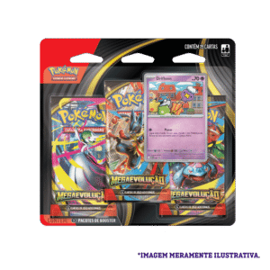 Blister Triplo Pokémon Mega Evolução 01 Drifblim mostrando 3 boosters originais e carta promocional Drifloon, produto lacrado Copag.