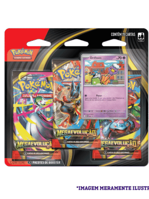 Blister Triplo Pokémon Mega Evolução 01 Drifblim mostrando 3 boosters originais e carta promocional Drifloon, produto lacrado Copag.