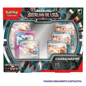 Frente da caixa do Deck Batalha Pokémon de Liga Charizard Copag mostrando o design oficial