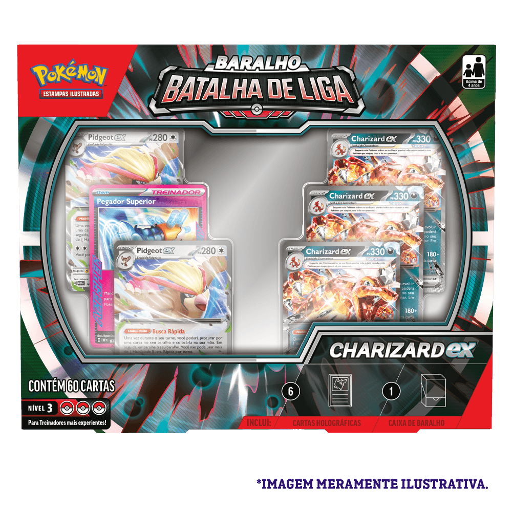 Frente da caixa do Deck Batalha Pokémon de Liga Charizard Copag mostrando o design oficial