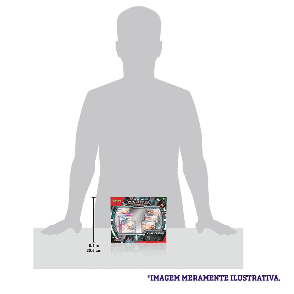 Deck Batalha Pokémon de Liga Charizard Copag ao lado de silhueta humana mostrando o tamanho real da embalagem