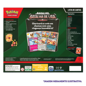 Verso da caixa do Deck Batalha Pokémon de Liga Charizard Copag mostrando informações e detalhes oficiais