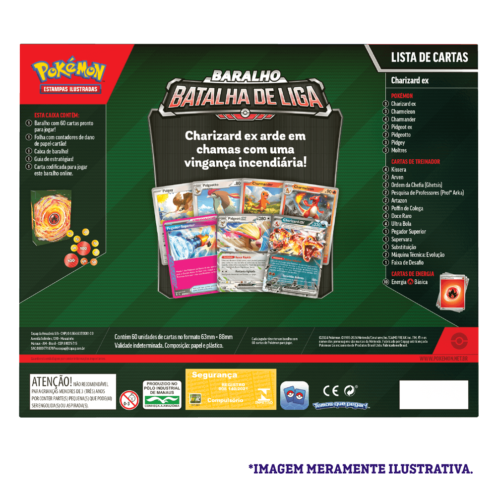 Verso da caixa do Deck Batalha Pokémon de Liga Charizard Copag mostrando informações e detalhes oficiais