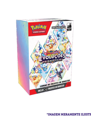 Caixa do Combo de 18 Boosters Pokémon TCG Evoluções Prismáticas – Escarlate e Violeta 8.5 vista de frente e levemente de lado.