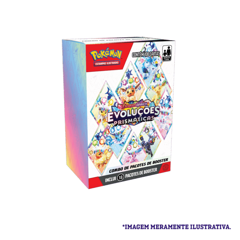 Caixa do Combo de 18 Boosters Pokémon TCG Evoluções Prismáticas – Escarlate e Violeta 8.5 vista de frente e levemente de lado.