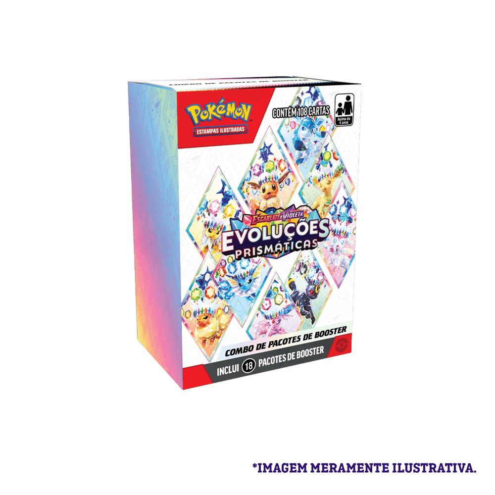 Caixa do Combo de 18 Boosters Pokémon TCG Evoluções Prismáticas – Escarlate e Violeta 8.5 vista de frente e levemente de lado.