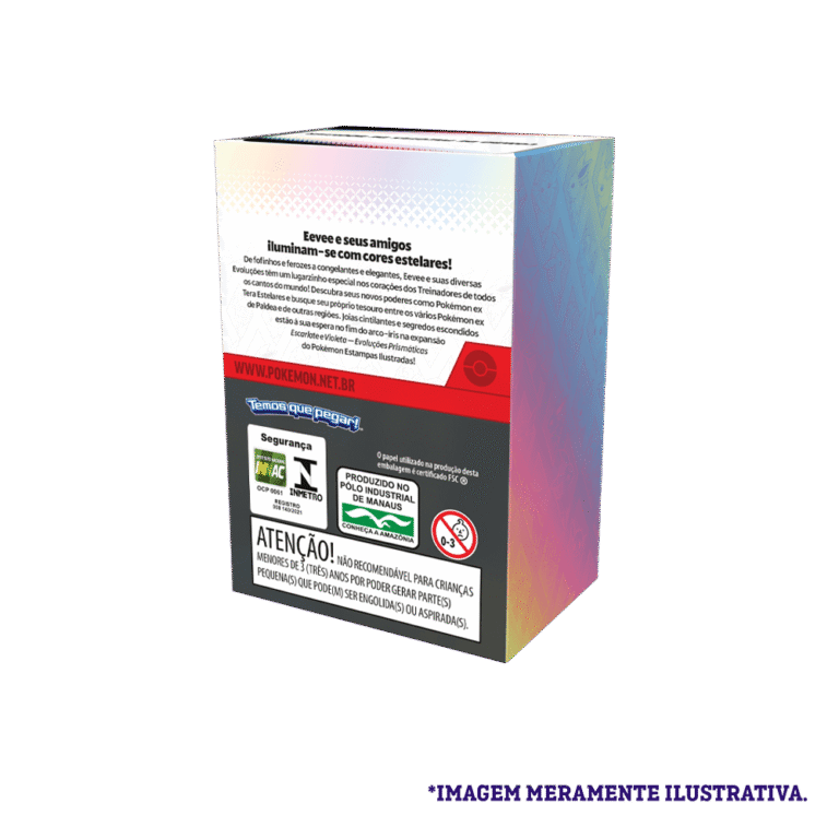 Verso da caixa do Combo de 18 Boosters Pokémon TCG Evoluções Prismáticas – Escarlate e Violeta 8.5, com informações do produto Copag.