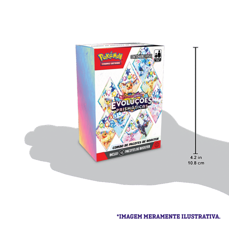 Caixa do Combo de 18 Boosters Pokémon Evoluções Prismáticas – Escarlate e Violeta 8.5 com sombra destacando tamanho real.