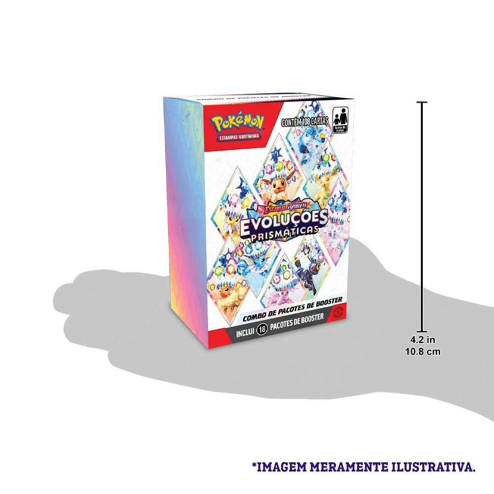 Caixa do Combo de 18 Boosters Pokémon Evoluções Prismáticas – Escarlate e Violeta 8.5 com sombra destacando tamanho real.