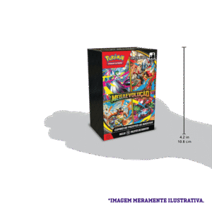 Caixa do Combo de Booster Pokémon TCG Mega Evolução 1 Copag com medidas e sombra de mão mostrando tamanho real