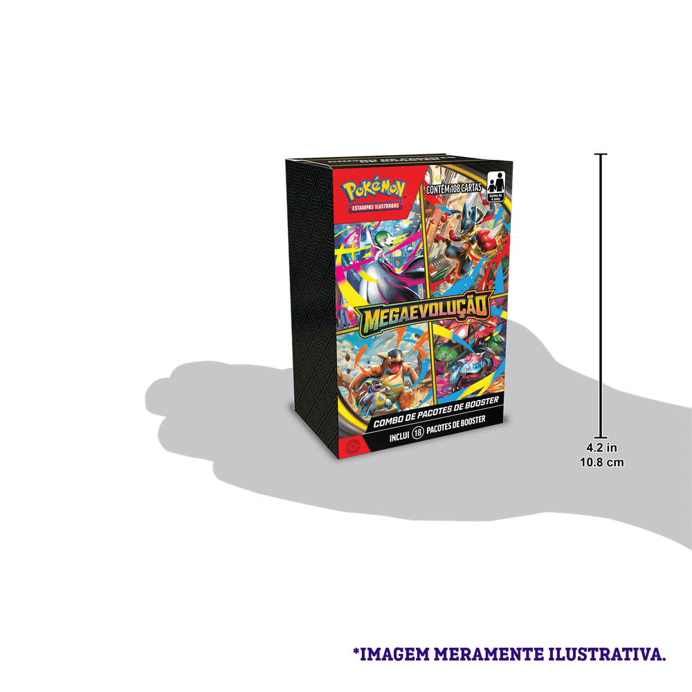 Caixa do Combo de Booster Pokémon TCG Mega Evolução 1 Copag com medidas e sombra de mão mostrando tamanho real