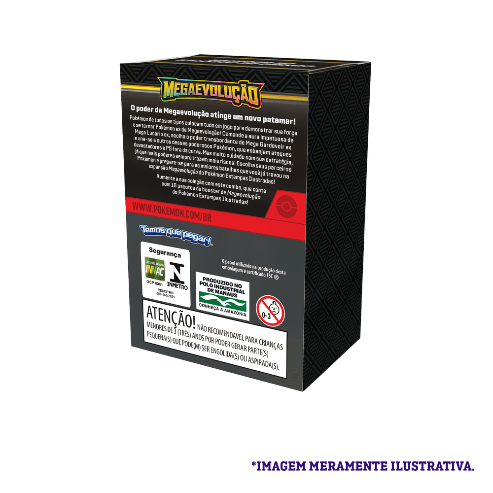 Parte traseira da caixa do Combo de Booster Pokémon TCG Mega Evolução 1 Copag mostrando informações e detalhes