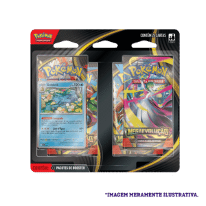 Frente da embalagem do Blister Quádruplo Pokémon ME01 Golduck, mostrando 4 boosters de Mega Evolução e a carta promocional do Golduck.