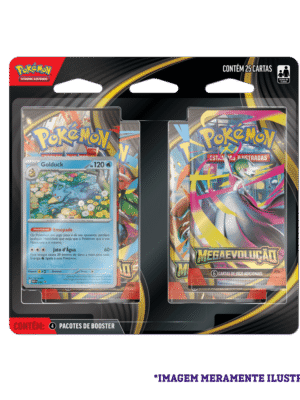 Frente da embalagem do Blister Quádruplo Pokémon ME01 Golduck, mostrando 4 boosters de Mega Evolução e a carta promocional do Golduck.