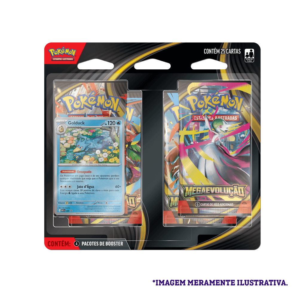 Frente da embalagem do Blister Quádruplo Pokémon ME01 Golduck, mostrando 4 boosters de Mega Evolução e a carta promocional do Golduck.