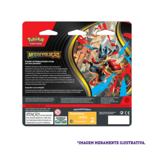 Verso da embalagem do Blister Quádruplo Pokémon ME01 Golduck, mostrando informações e detalhes do produto oficial Copag.