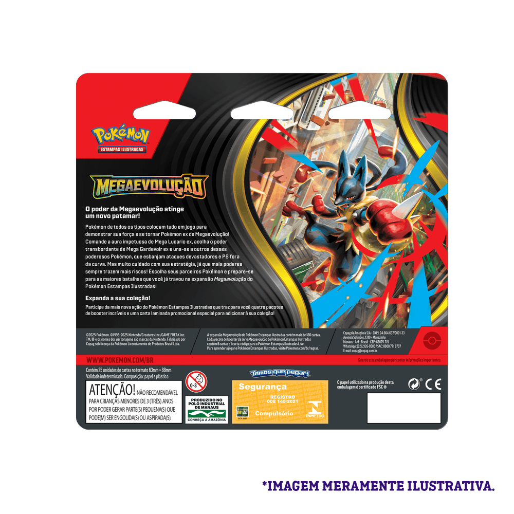 Verso da embalagem do Blister Quádruplo Pokémon ME01 Golduck, mostrando informações e detalhes do produto oficial Copag.