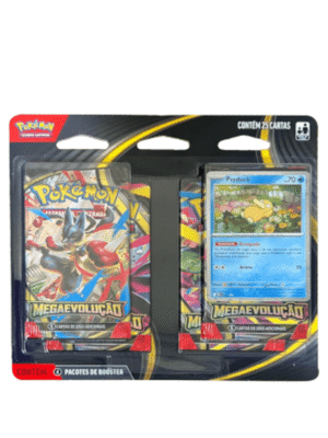 Frente da embalagem do Blister Quádruplo Pokémon ME01 Psyduck, mostrando 4 boosters de Mega Evolução e a carta promocional do Psyduck.