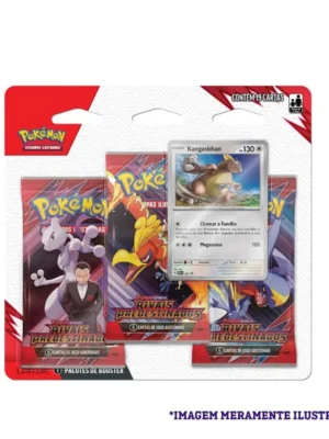Blister Triplo Pokémon TCG Rivais Predestinados – Kangaskhan, com 3 boosters e carta promocional holográfica visíveis na embalagem.